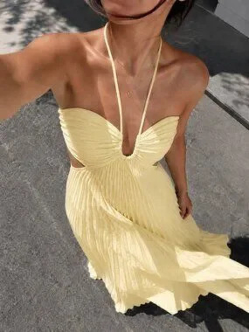Yellow Elegant Women's Pleated Cami Maxi Dress